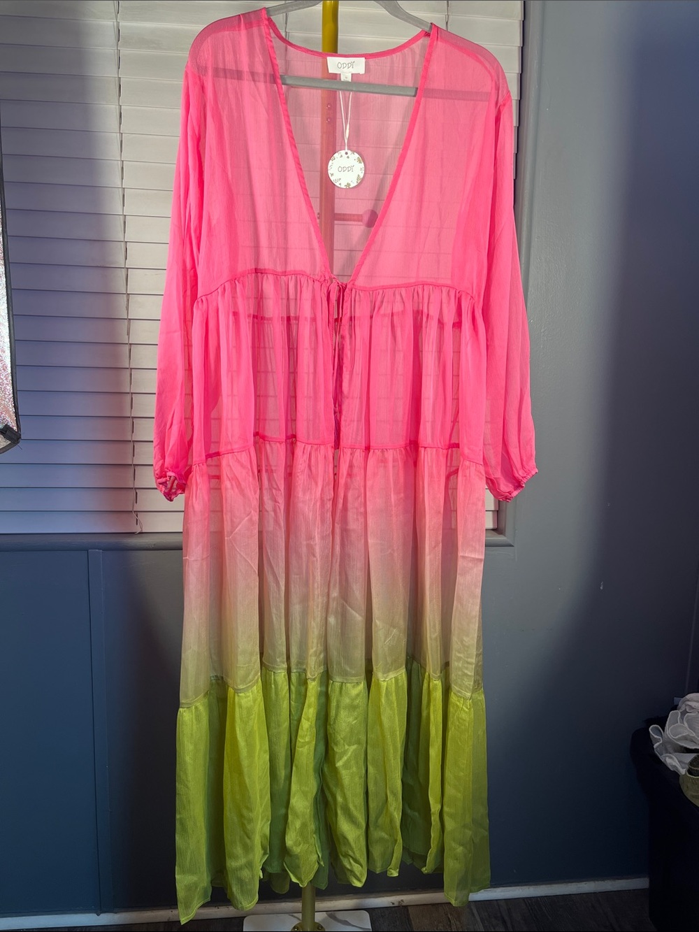 ODDY Hot Pink to Lime Ombre Tiered Maxi Dress